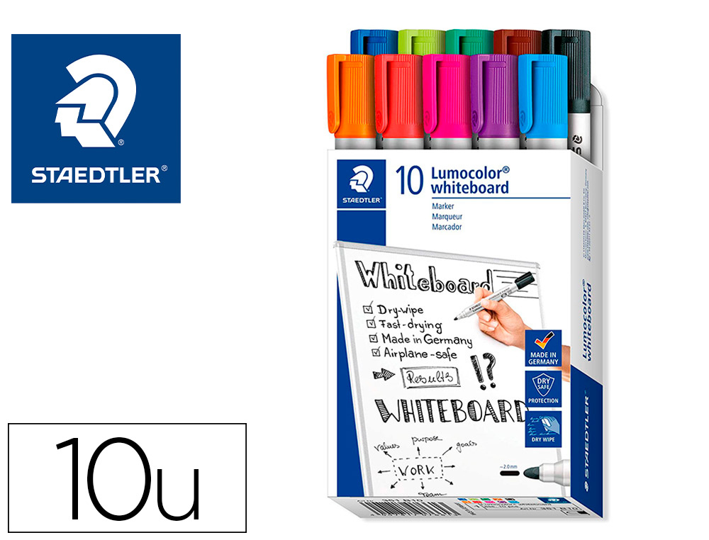 ROTULADOR STAEDTLER LUMOCOLOR 351 PARA PIZARRA BLANCA PUNTA REDONDA 2 MM RECARGABLE CAJA 10 UNIDADES COLORES SURTIDOS