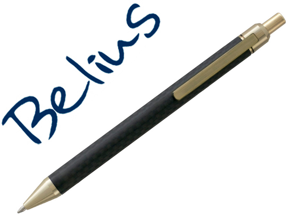 BOLIGRAFO BELIUS POTSDAM NEGRO Y DORADO CUERPO FIBRA CARBON TINTA GEL AZUL EN ESTUCHE