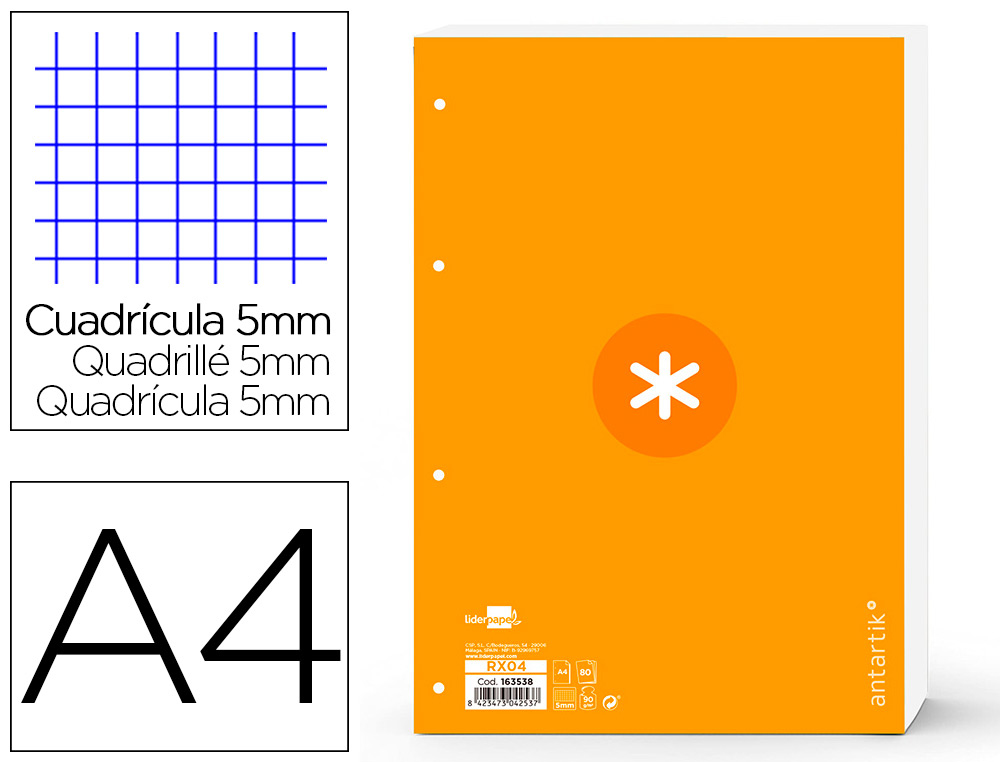 RECAMBIO LIDERPAPEL A4 ANTARTIK 80 HOJAS 90G/M2 CUADRO 5 MM 4 TALADROS 1 BANDA MARCO COLOR MOSTAZA