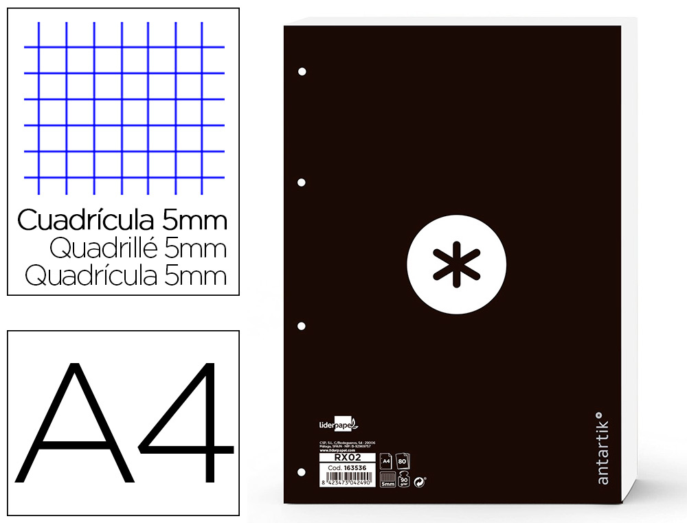 RECAMBIO LIDERPAPEL A4 ANTARTIK 80 HOJAS 90G/M2 CUADRO 5 MM 4 TALADROS 1 BANDA MARCO COLOR NEGRO