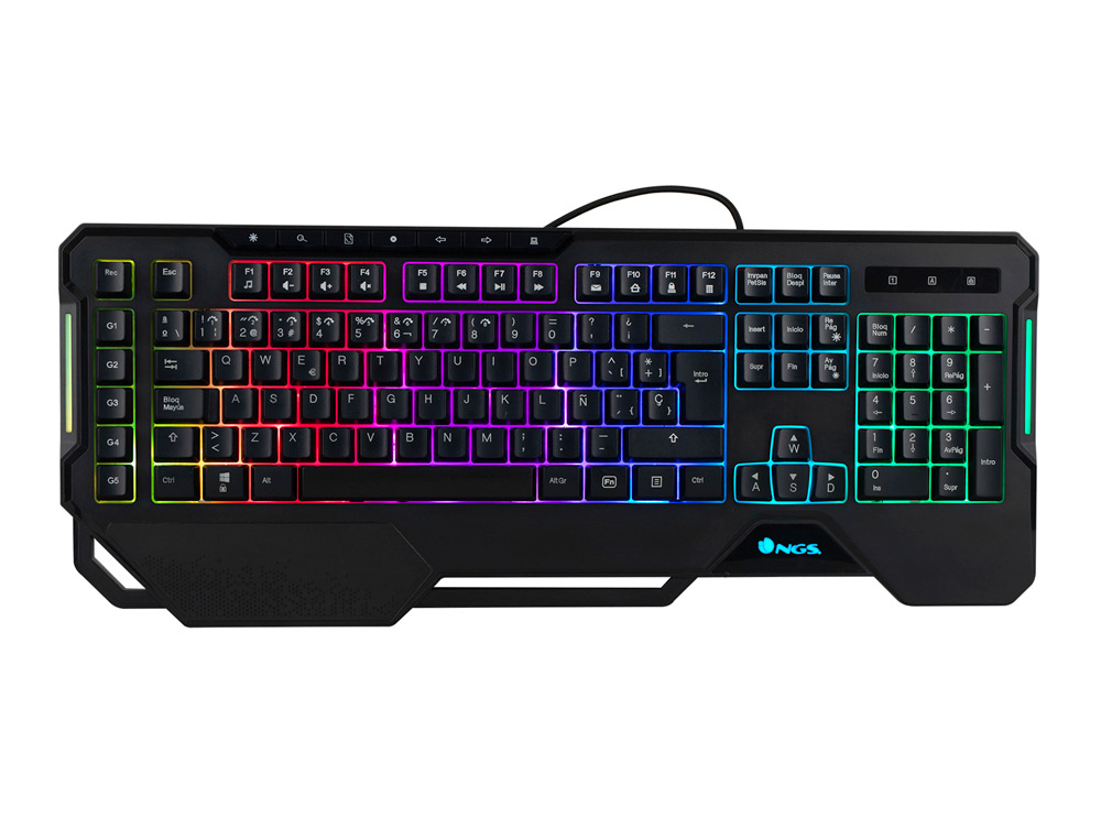 TECLADO NGS GAMING PROFESIONAL 104 TECLAS LUCES RGB CON REPOSAMUÑECAS CABLE 1,8 M COLOR NEGRO