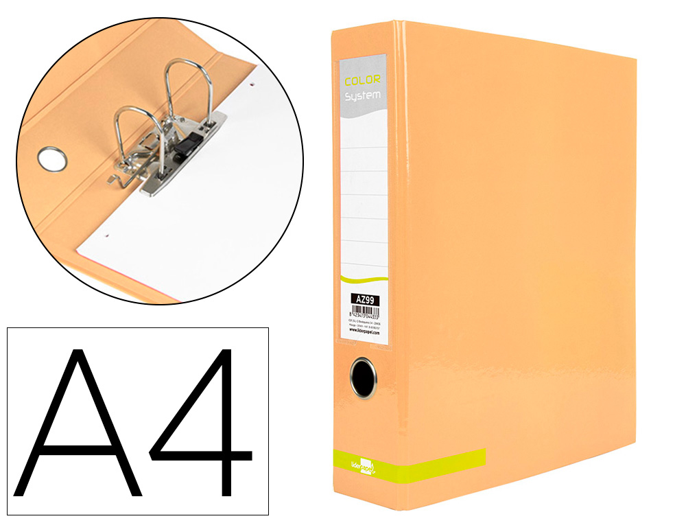 ARCHIVADOR DE PALANCA LIDERPAPEL A4 COLOR SYSTEM FORRADO SIN RADO LOMO 80 MM MELOCOTON COMPRESOR METALICO
