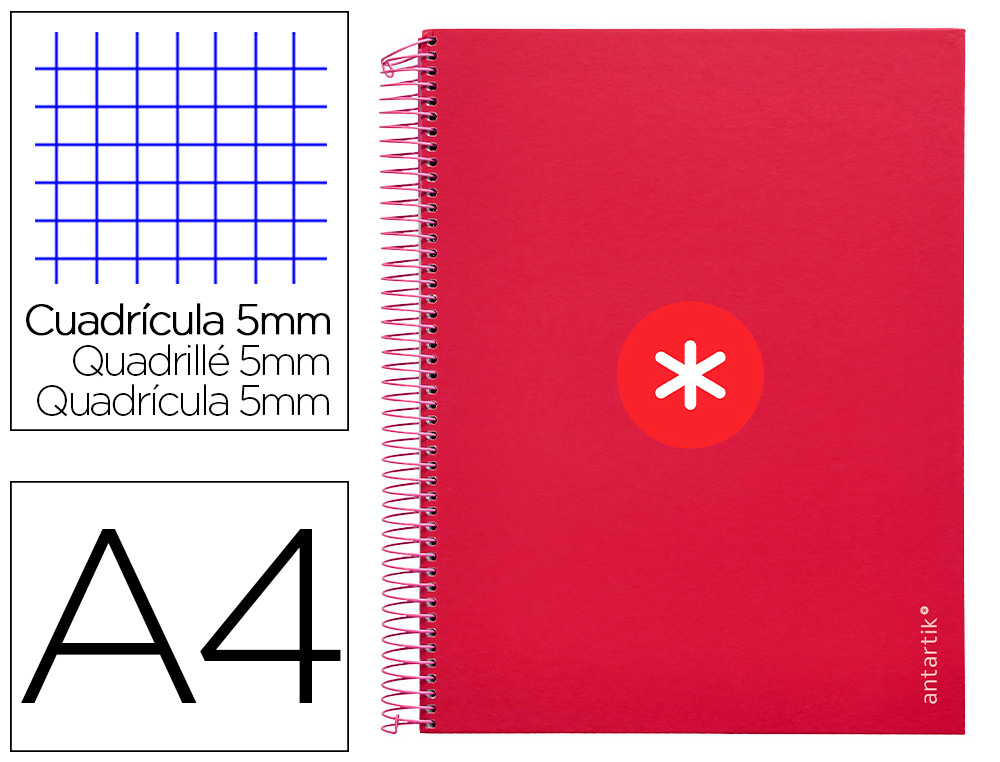 CUADERNO ESPIRAL A4 MICRO ANTARTIK TAPA FORRADA 120H 100 GR CUADRO 5MM 5 BANDAS 4 TALADROS COLOR FRAMBUESA