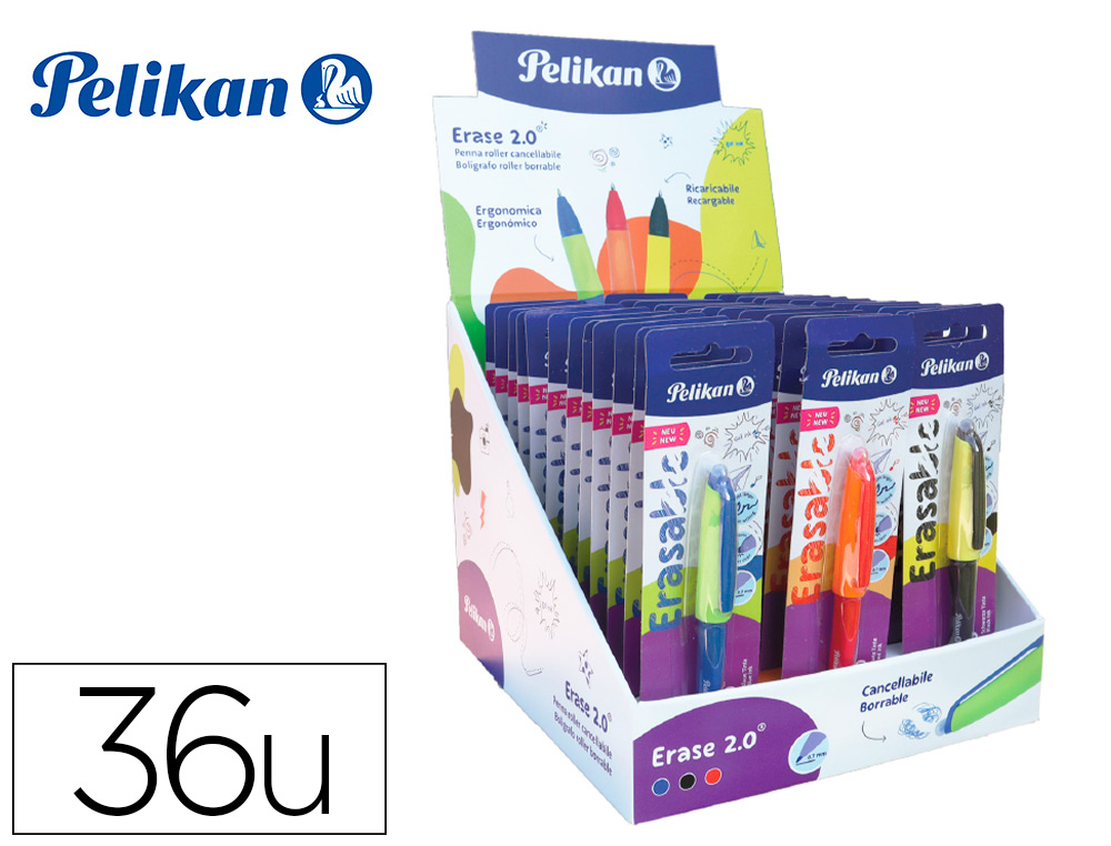 EXPOSITOR PELIKAN SOBREMESA ERASE 2.0 CONTENIDO 60 ROLLERS COLORES SURTIDOS Y 36 RECAMBIOS COLORES SURTIDOS