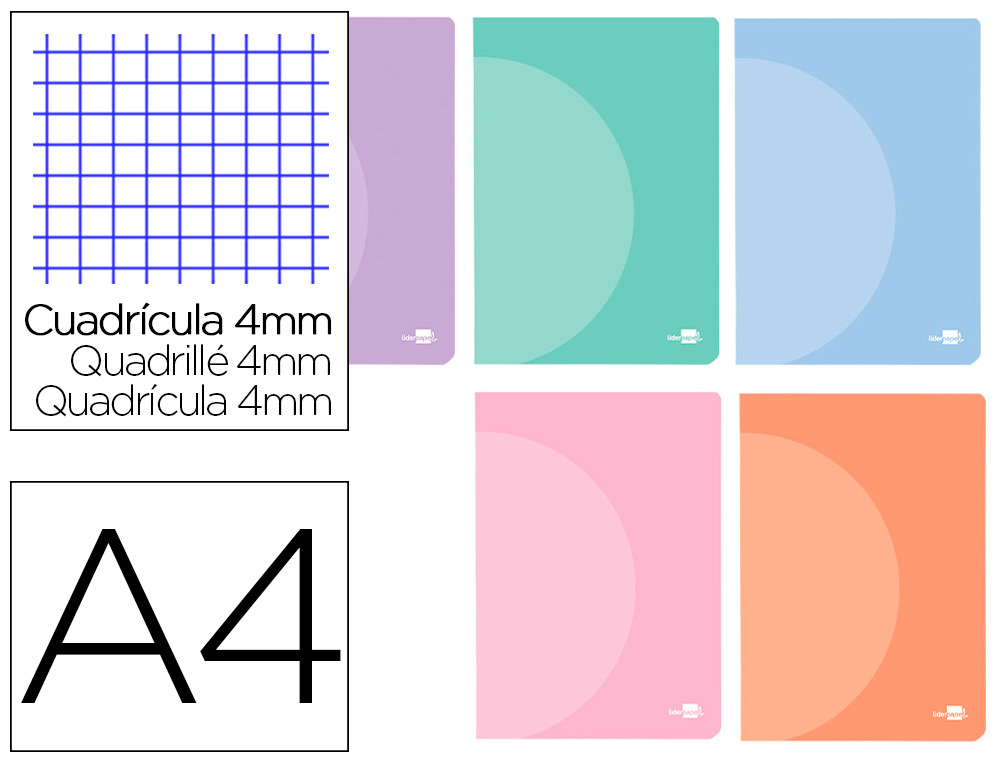 LIBRETA LIDERPAPEL 360 TAPA DE PLASTICO A4 48 HOJAS 90G/M2 CUADRO 4 MM CON MARGEN COLORES PASTEL SURTIDOS