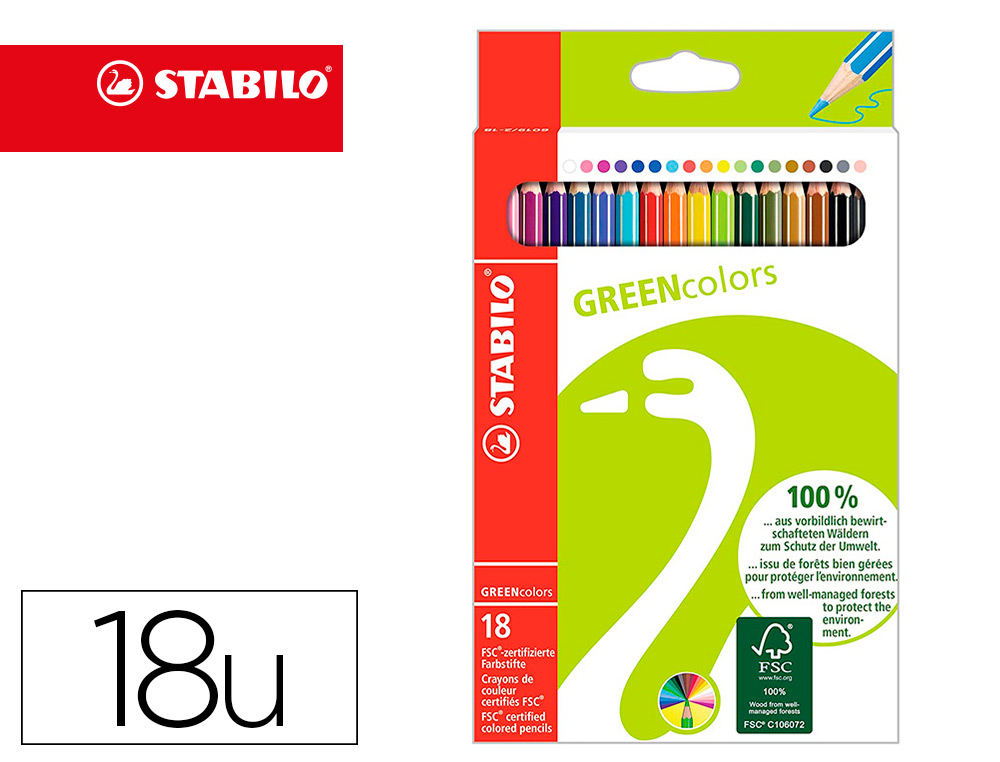 LAPICES DE COLORES STABILO GREEN COLORS CON CERTIFICADO FSC ESTUCHE CARTON DE 18 UNIDADES COLORES SURTIDOS
