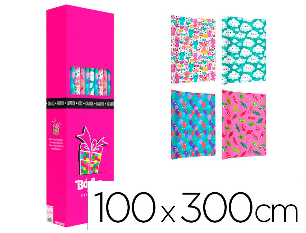 PAPEL DE REGALO BASIKA INFANTIL ROLLO ANCHO 1 M LONGITUD 3 MT DISEÑOS SURTIDOS
