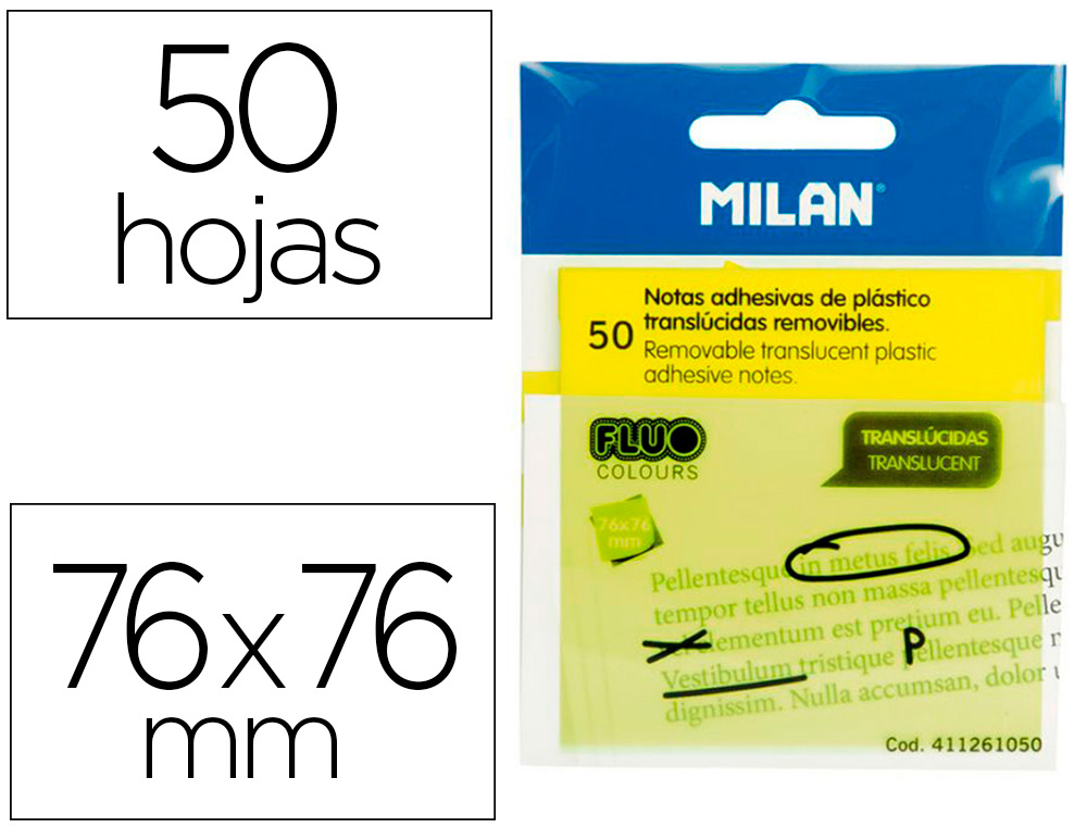 BLOC DE NOTAS ADHESIVAS QUITA Y PON MILAN 76X76 MM REMOVIBLE PLASTICO TRANSLUCIDO AMARILLO FLUOR 50
