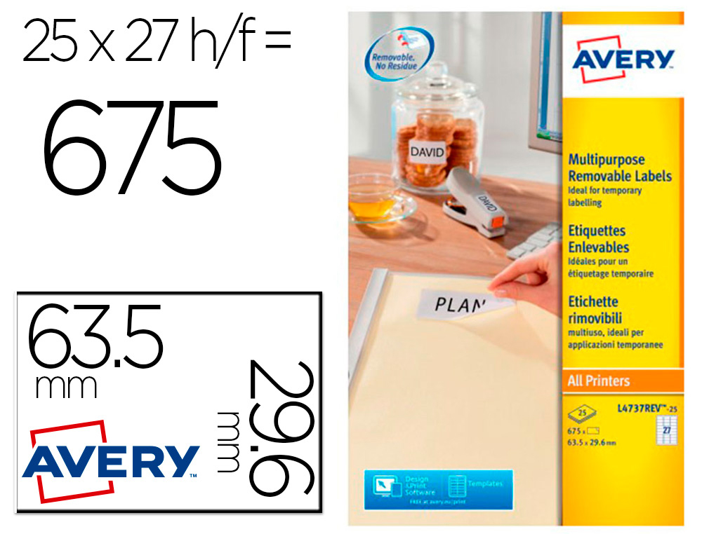ETIQUETA ADHESIVA AVERY BLANCA REMOVIBLE LASER INK-JET FOTOCOPIADORA 63,5X29,6 MM CAJA DE 675 UNIDADES