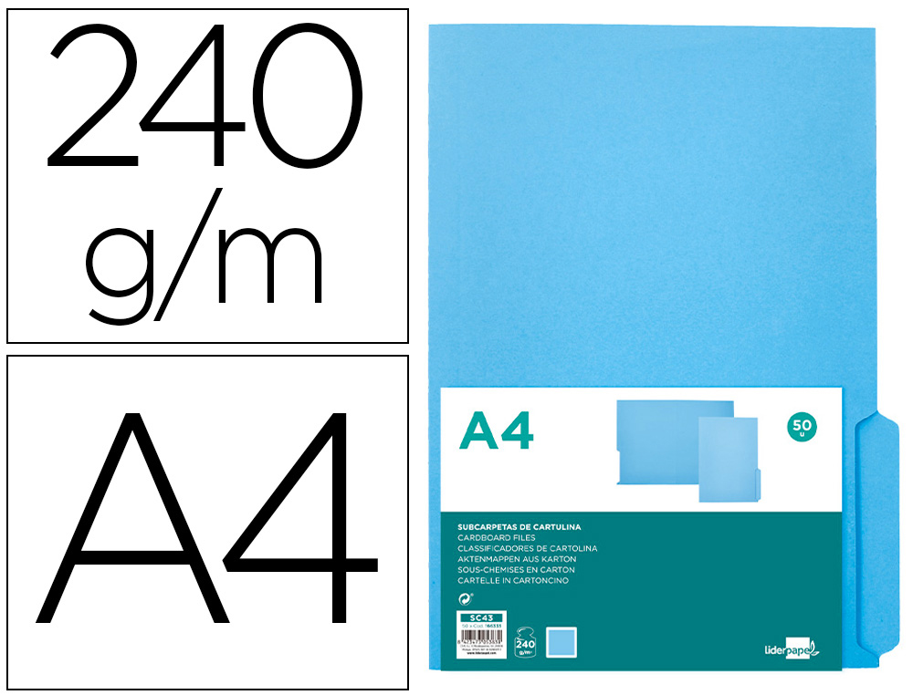 SUBCARPETA CARTULINA LIDERPAPEL DIN A4 PESTAÑA INFERIOR 240G/M2 AZUL