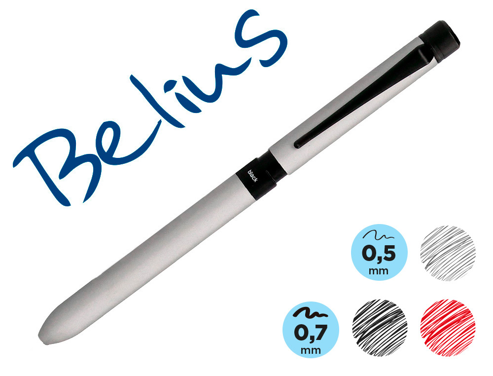 BOLIGRAFO BELIUS ZURICH 3 EN 1 CUERPO PLATEADO TINTA NEGRA Y ROJA PORTAMINAS 0,5 MM EN ESTUCHE