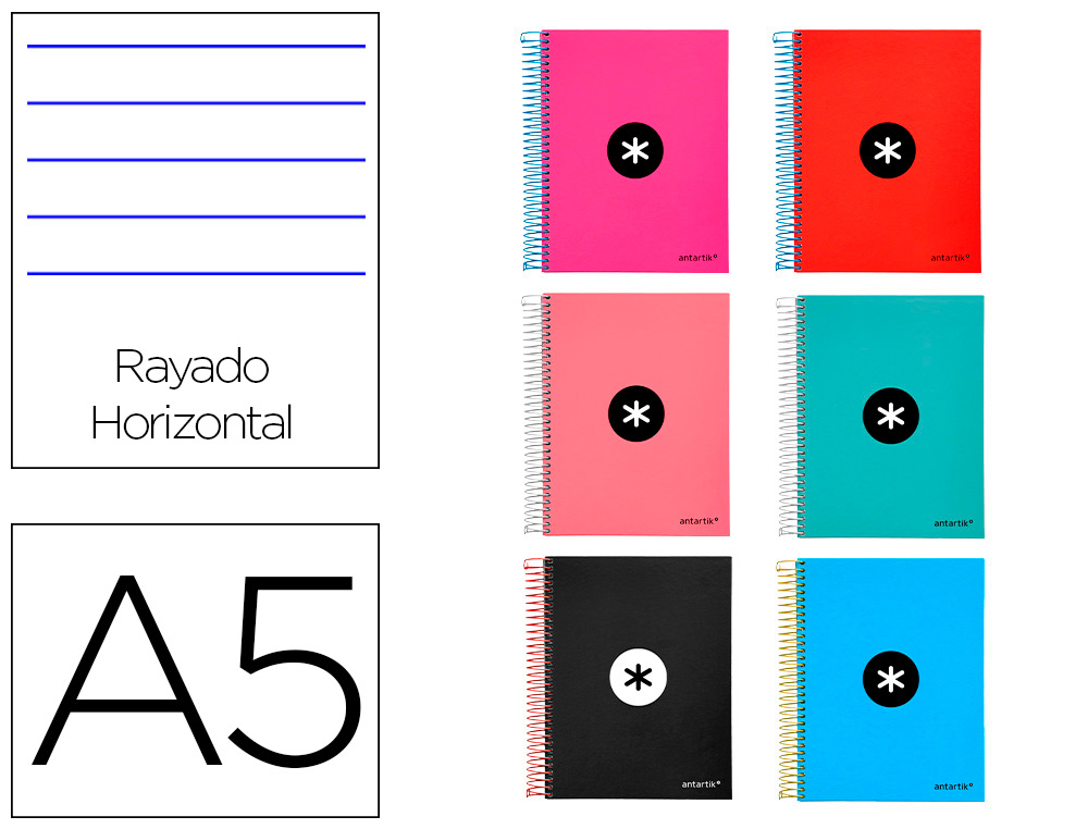 CUADERNO ESPIRAL A5 MICRO ANTARTIK TAPA FORRADA 120 H 100G HORIZONTAL 5 BANDAS6 TALADROS COLORES SURTIDOS