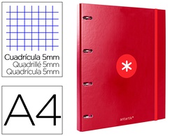 [AW96] CARPETA CON RECAMBIO ANTARTIK A4 CUADRO 5MM FORRADA 4 ANILLAS 25MM REDONDAS COLOR FRAMBUESA