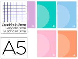 [LF30] LIBRETA LIDERPAPEL 360 TAPA DE PLASTICO A5 48 HOJAS 90G/M2 CUADRO 5 MM CON DOBLE MARGEN COLORES PASTEL