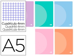 [LF27] LIBRETA LIDERPAPEL 360 TAPA DE PLASTICO A5 48 HOJAS 90G/M2 CUADRO 4 MM CON MARGEN COLORES PASTEL SURTIDOS