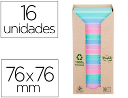 [7100259226] BLOC DE NOTAS ADHESIVAS QUITA Y PON POST-IT 76X76 MM 100% RECICLADO PEFC EN TORRE PACK DE 16 UNIDADES COLORES