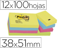 [FT510283532 (653-TFEN)] BLOC DE NOTAS ADHESIVAS QUITA Y PON POST-IT 38X51 MM NEON PACK DE 12 BLOCS SURTIDO