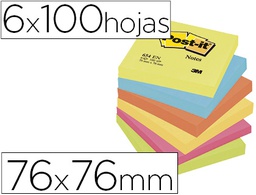 [7100296019] BLOC DE NOTAS ADHESIVAS QUITA Y PON POST-IT 76X76 MM NEON PACK DE 6 BLOCS SURTIDO