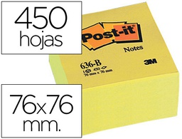 [FT510018763 (636-B)] BLOC DE NOTAS ADHESIVAS QUITA Y PON POST-IT 76X76X45 MM CUBO COLOR AMARILLO 450 HOJAS