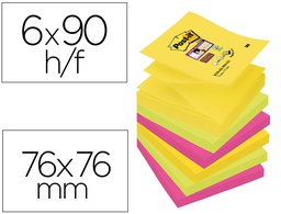 [70005272490] BLOC DE NOTAS ADHESIVAS QUITA Y PON POST-IT SUPER STICKY 76X76 MM CON 90 HOJAS PACK DE 6 BLOC COLORES SURTIDOS