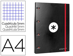 [AW04] CARPETA CON RECAMBIO ANTARTIK A4 CUADRO 5MM FORRADA 4 ANILLAS 25MM REDONDAS COLOR NEGRO