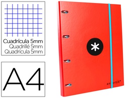 [AW01] CARPETA CON RECAMBIO ANTARTIK A4 CUADRO 5MM FORRADA 4 ANILLAS 25MM REDONDAS COLOR ROJO