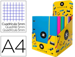 [KA39] CARPETA CON RECAMBIO ANTARTIK A4 CUADRO 5MM FORRADA 4 ANILLAS 40MM REDONDAS CON SOLAPA COLORES SURTIDOS
