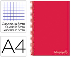 [BA50] CUADERNO ESPIRAL LIDERPAPEL A4 MICRO JOLLY TAPA FORRADA 140H 75 GR CUADRO 5MM 5 BANDAS 4 TALADROS COLOR ROJO