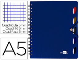 [BJ34] CUADERNO ESPIRAL LIDERPAPEL A5 MICRO EXECUTIVE TAPA PLASTICO 100H 80 GR CUADRO 5MM 5 SEPARADORES CON GOMILLA AZUL
