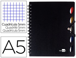 [BJ36] CUADERNO ESPIRAL LIDERPAPEL A5 MICRO EXECUTIVE TAPA PLASTICO 100H 80 GR CUADRO 5MM 5 SEPARADORES CON GOMILLA NEGRO