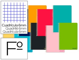 [BF07] CUADERNO ESPIRAL LIDERPAPEL FOLIO SMART TAPA BLANDA 80H 60GR CUADRO 6 MM CON MARGEN COLORES SURTIDOS
