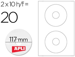 [10603] ETIQUETA ADHESIVA APLI 10603 TAMAÑO CD-ROM 117 MM PARA FOTOCOPIADORA LASER INK-JET CAJA CON 10 HOJAS/20 ETIQUETAS
