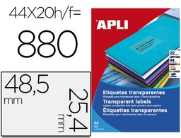 [1223] ETIQUETA ADHESIVA APLI TRANSPARENTE 48,5X25,4 MM FOTOCOPIA LASER INKJET CAJA 20 HOJAS DIN A4 CON 880