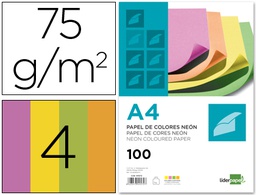[PC45] PAPEL COLOR LIDERPAPEL A4 75GR NEON 4 COLORES SURTIDOS PAQUETE DE 100 HOJAS