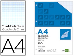[RA04] RECAMBIO LIDERPAPEL A4 100 HOJAS 100G/M2 CUADRO 2MM CON MARGEN 4 TALADROS