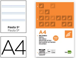 [RA07] RECAMBIO LIDERPAPEL A4 100 HOJAS 100G/M2 PAUTA 5ª 2.5MM CON MARGEN 4 TALADROS