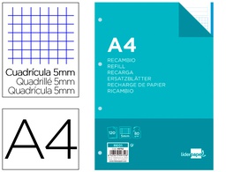 [RE01] RECAMBIO LIDERPAPEL A4 120 HOJAS 80G/M2 CUADRO 5MM SIN MARGEN 4 TALADROS BANDAS DE 5 COLORES