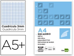 [RC05] RECAMBIO LIDERPAPEL CUARTO 100 HOJAS 60G/M2 CUADRO 3MM CON MARGEN 6 TALADROS