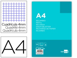 [RF18] RECAMBIO LIDERPAPEL FOLIO 100 HOJAS 80G/M2 CUADRO 4MM CON MARGEN 4 TALADROS