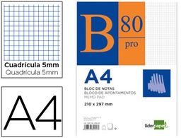 [PR01] BLOC NOTAS LIDERPAPEL CUADRO 5MM A4 80 HOJAS 60G/M2 ENCOLADO 4 TALADROS DOBLE MARGEN