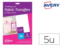 [MD1001] PAPEL TRANSFER AVERY ALGODON CLAROS INK-JET DIN A4 PACK DE 5 HOJAS