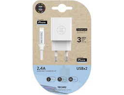 [TEC2402] CARGADOR DOBLE BLANCO+CABLE BRAIDED NYLON LIGHTNING (PARA APPLE), ALTO RENDIMIENTO2,4ª