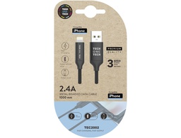 [TEC2002] CABLE USB 2.4 TECH ONE TECH BRAIDED NYLON TIPO USB APPLE MICRO USB LONGITUD 1 MT COLOR NEGRO