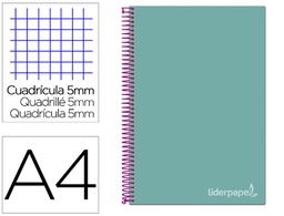 [BA97] CUADERNO ESPIRAL LIDERPAPEL A4 MICRO JOLLY TAPA FORRADA 140H 75 GR CUADRO 5MM 5 BANDAS4 TALADROS COLOR TURQUESA