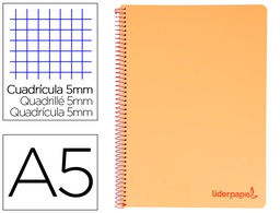 [BJ17] CUADERNO ESPIRAL LIDERPAPEL A5 MICRO WONDER TAPA PLASTICO 120H 90G CUADRO 5MM 5 BANDAS 6 TALADROS COLOR NARANJA