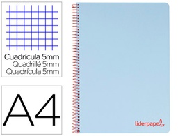 [BA15] CUADERNO ESPIRAL LIDERPAPEL A4 MICRO WONDER TAPA PLASTICO 120H 90 GR CUADRO 5 MM 5 BANDA4 TALADROS COLOR CELESTE