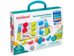 [45340] JUEGO MINILAND 36 VEHICULOS Y 5 FICHAS DE ACTIVIDAD A DOBLE CARA PARA LOGICA MATEMATICA 310X70X531 MM