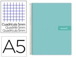 [BJ72] CUADERNO ESPIRAL LIDERPAPEL A5 MICRO CRAFTY TAPA FORRADA 120H 90 GR CUADRO 5MM 5 BANDAS6 TALADROS COLOR TURQUESA
