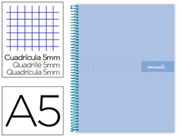 [BJ58] CUADERNO ESPIRAL LIDERPAPEL A5 MICRO CRAFTY TAPA FORRADA 120H 90 GR CUADRO 5MM 5 BANDAS6 TALADROS COLOR CELESTE