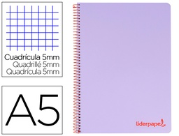 [BJ18] CUADERNO ESPIRAL LIDERPAPEL A5 MICRO WONDER TAPA PLASTICO 120H 90G CUADRO 5MM 5 BANDAS 6 TALADROS COLOR VIOLETA